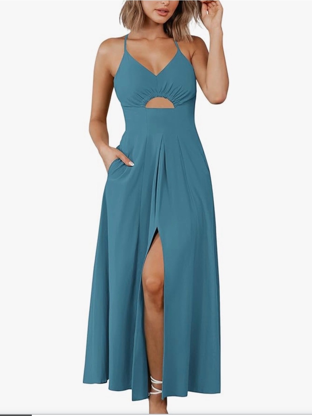 Teal Blue Spaghetti-Strap Midi Dress with Front Cutout - Picture 1 of 4
